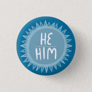 HE / HIM Pronouns Sun Pride Handlettered Blue 1 Inch Round Button