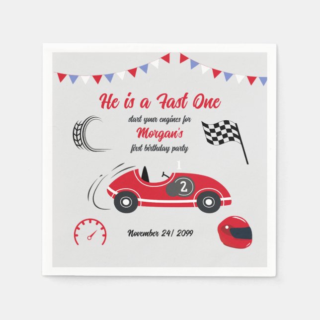 He is a Fast One Festive Red Race Car Birthday Napkin (Front)