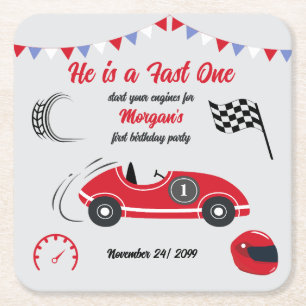 He is a Fast One Festive Red Race Car Birthday Square Paper Coaster