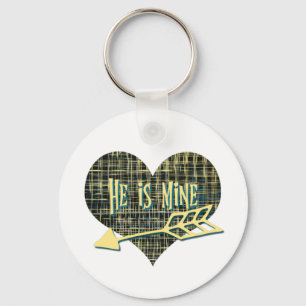 He is Mine Blue Yellow Grid Heart Shape Design Keychain