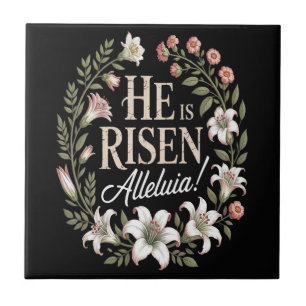 He Is Risen Alleluia Floral Christian Easter Tile