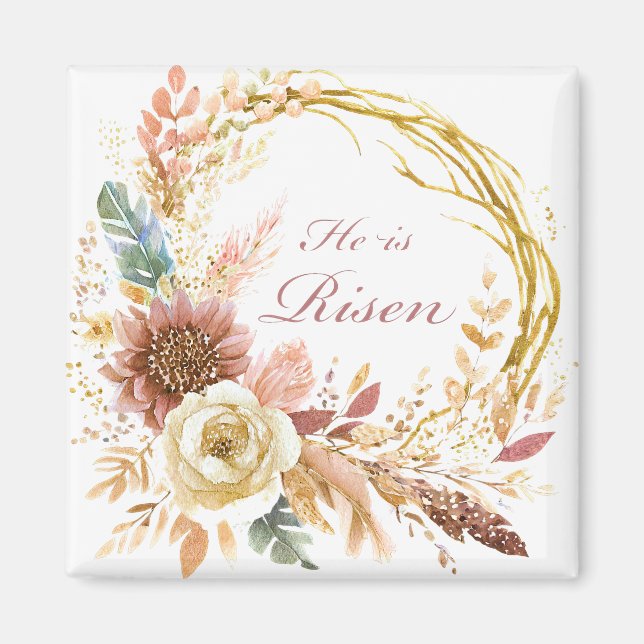 He is Risen boho floral wreath Easter Magnet (Front)