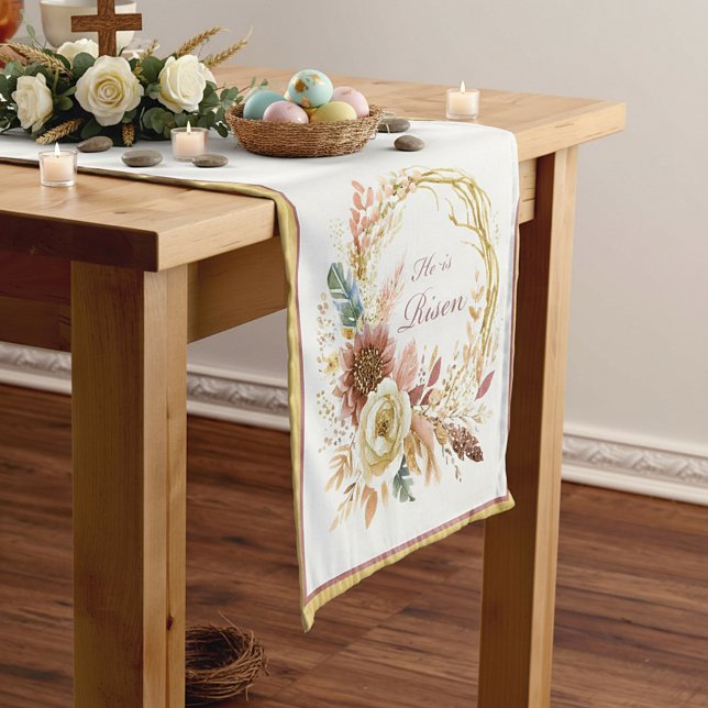 He is Risen boho floral wreath Easter Short Table Runner (Creator Uploaded)