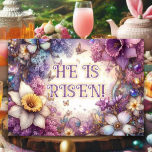 He Is Risen Butterflies Lilacs Purple Easter Holiday Card