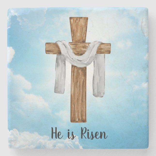 He Is Risen Christian Cross Easter Stone Coaster (Front)