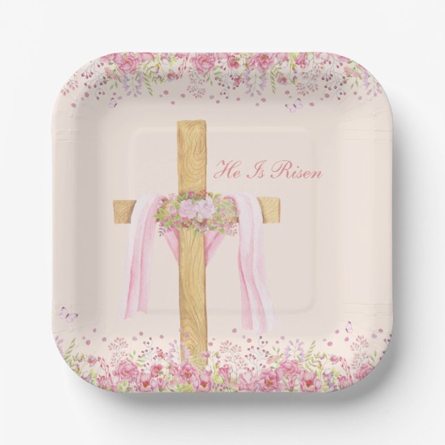 He Is Risen Christian Easter Personalized Paper Plate (Front)