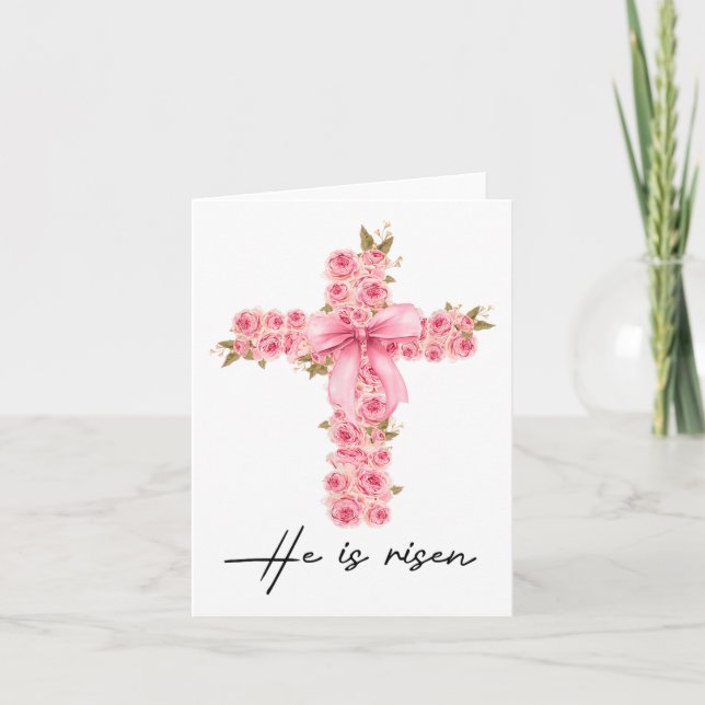 He Is Risen Coquette Bow Floral Cross Faith Easter Card (Front)