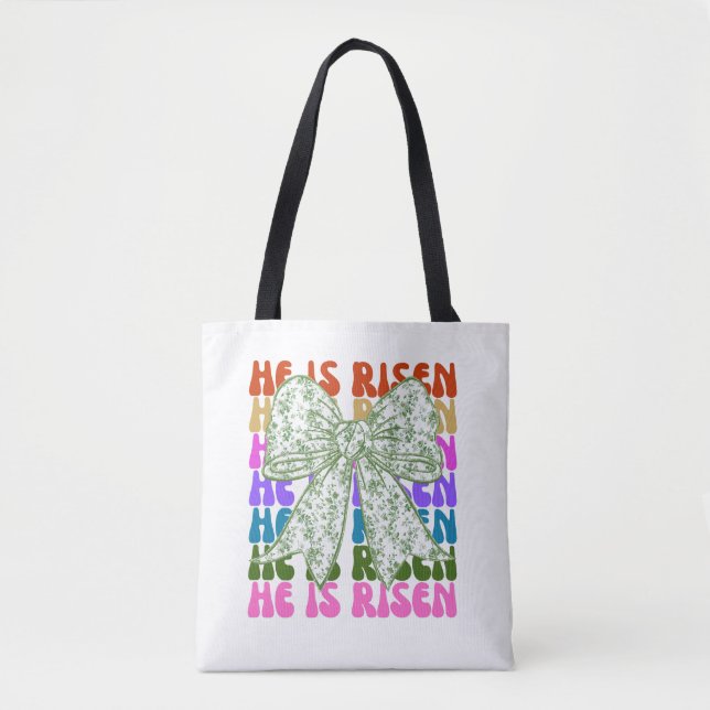 He is Risen, Croquette Bow Green Floral Tote Bag (Front)