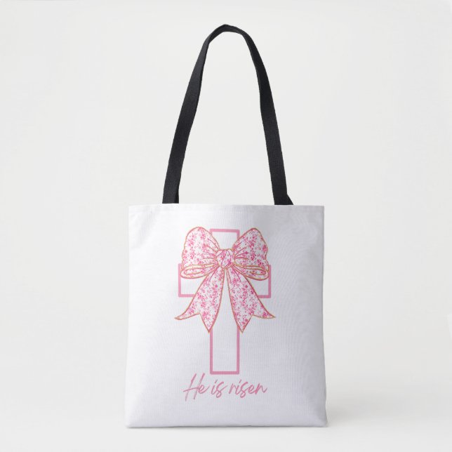 He is Risen, Croquette Bow Pink Floral Tote Bag (Front)
