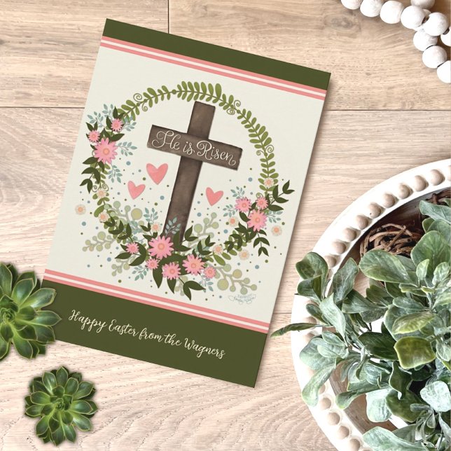 He Is Risen Cross Floral Happy Easter Custom Card (Creator Uploaded)