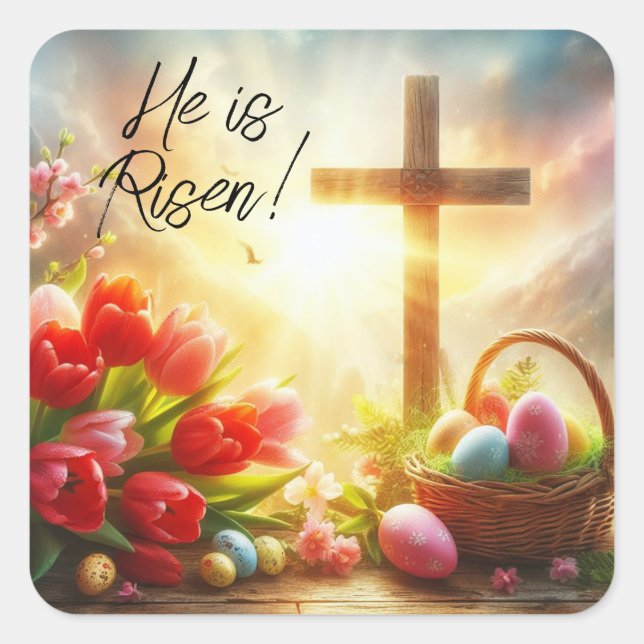 He is Risen Cross with Easter Eggs and Tulips Square Sticker (Front)