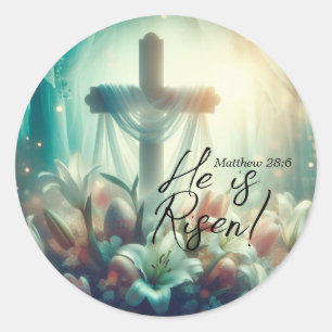 He is Risen Cross with Easter Lilies and Eggs Classic Round Sticker