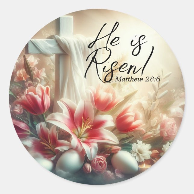 He is Risen Cross with Easter Lilies and Eggs Classic Round Sticker (Front)