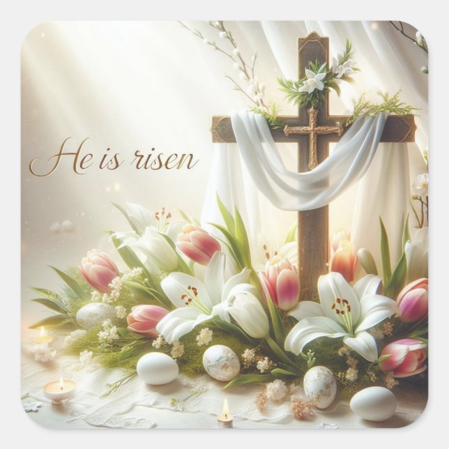 He is Risen Cross with Easter Lilies Square Sticker (Front)