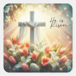 He is Risen Cross with Easter Lilies Square Sticker