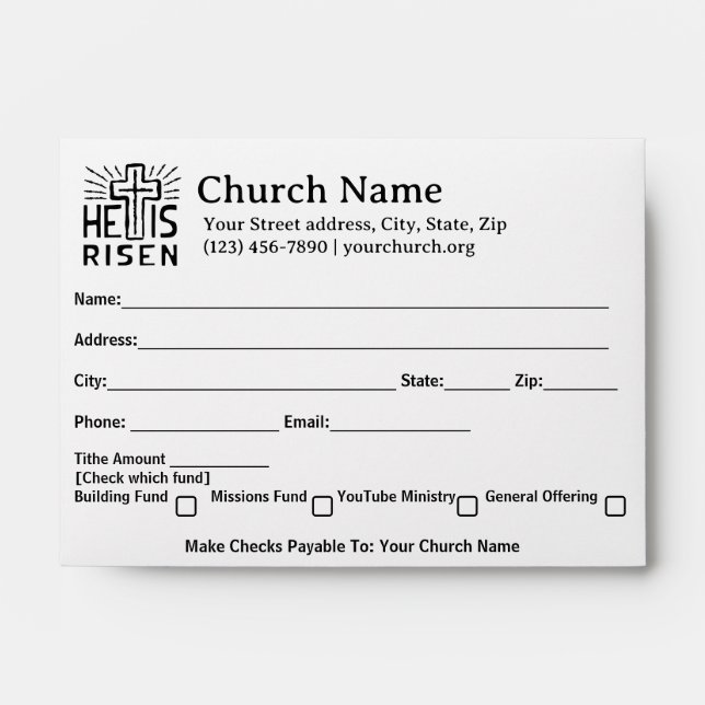He Is Risen Easter Church Tithe Offer Collection Envelope (Front)