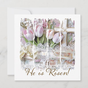 He is Risen Easter Cross Christian Vintage Floral Invitation