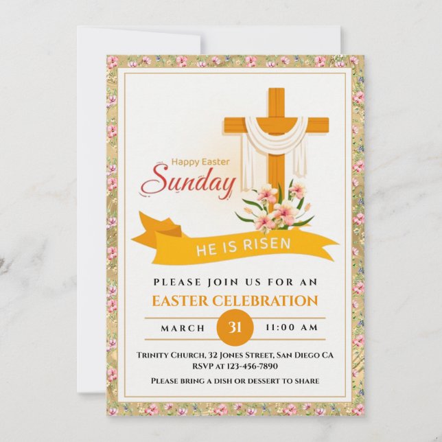 He Is Risen Easter Cross, Flowers, Elegant Easter Announcement (Front)