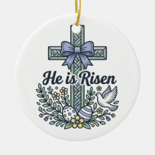 He Is Risen Easter Cross Vintage Vector Ceramic Ornament