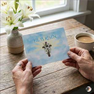 He Is Risen Easter Cross White Lilies Watercolor Postcard
