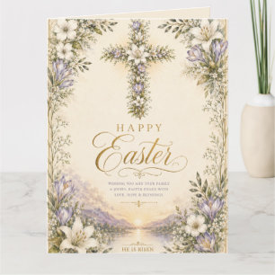 He Is Risen Easter, Elegant Floral Cross Christian Thank You Card