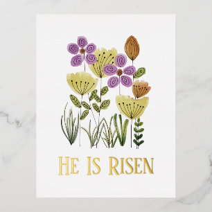 He Is Risen Easter Floral Church Services Foil Holiday Postcard