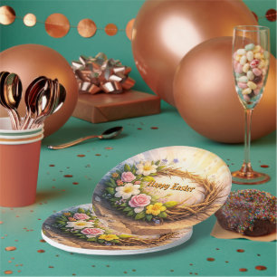 He Is Risen Easter Floral Crown of Thorns Paper Plate
