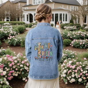 He is Risen Easter Floral Jesus Cross Denim Jacket
