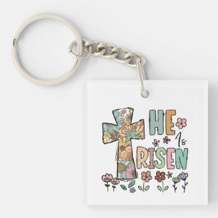 He is Risen Easter Floral Jesus Cross Keychain