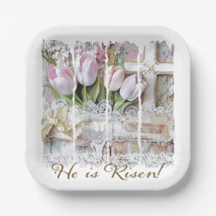 He is Risen Easter Tulip Cross Christian Vintage Paper Plate