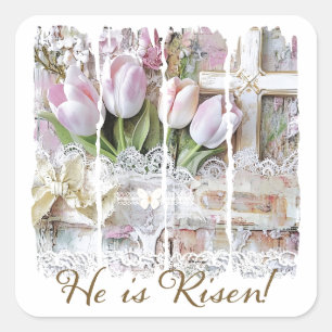 He is Risen Easter Tulip Cross Christian Vintage Square Sticker