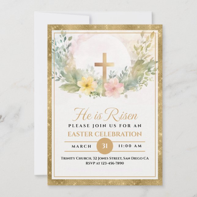 He Is Risen Easter Watercolor Flowers, Religious Announcement (Front)