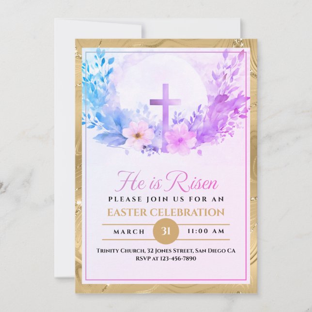 He Is Risen Easter Watercolor Flowers, Religious Announcement (Front)