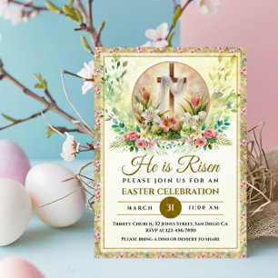 He Is Risen Easter Watercolor Flowers, Religious Announcement