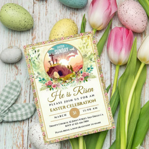 He Is Risen Easter Watercolor Flowers, Religious Holiday Card