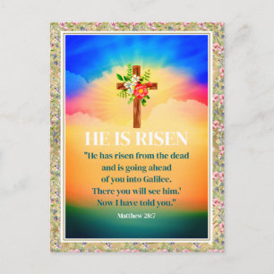 He Is Risen Easter Watercolor Flowers, Religious Holiday Postcard