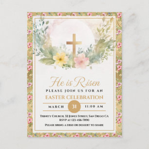 He Is Risen Easter Watercolor Flowers, Religious Holiday Postcard