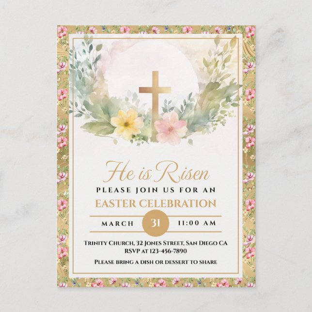 He Is Risen Easter Watercolor Flowers, Religious Holiday Postcard (Front)