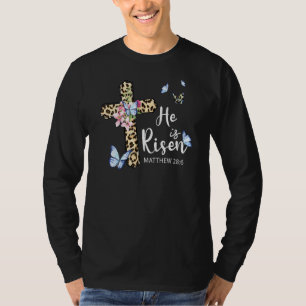 He Is Risen Floral Christian Leopard Girl Mom Kid T-Shirt