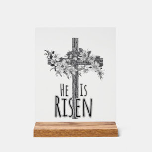 He Is Risen Floral Cross Acrylic Sign