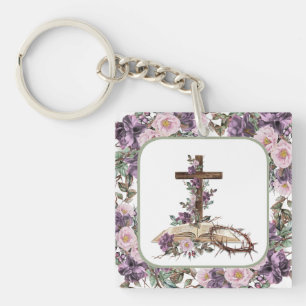He is Risen Floral Cross with Bible Keychain
