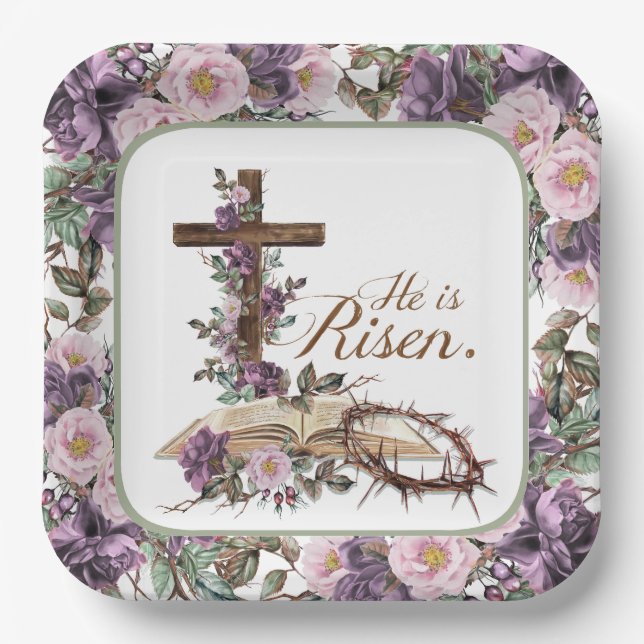 He is Risen Floral Cross with Bible Paper Plate (Front)