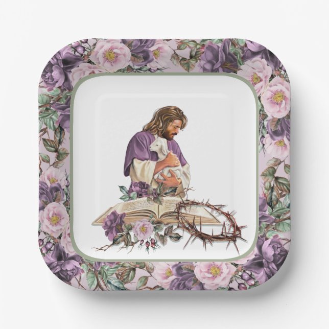He is Risen Floral Cross with Bible Paper Plates (Front)