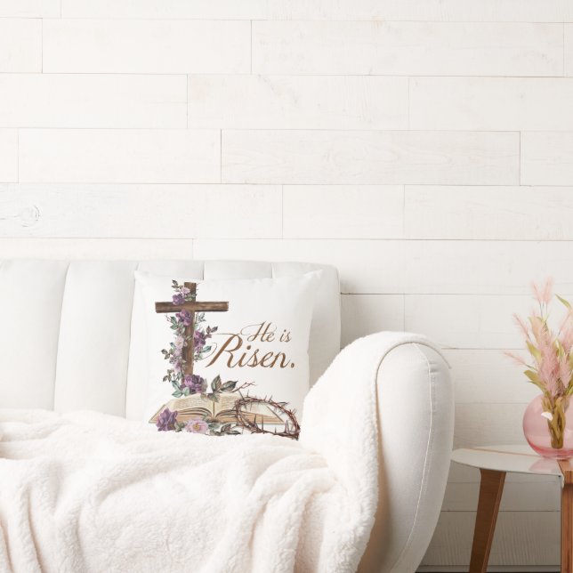 He is Risen Floral Cross with Bible Throw Pillow (Couch)