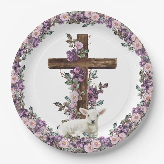 He is Risen Floral Cross with Lamb Paper Plates (Front)