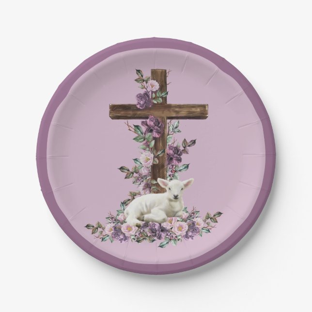 He is Risen Floral Cross with Lamb Paper Plates (Front)