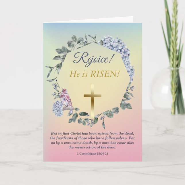 He Is Risen Gold Cross Easter Floral Wreath Card (Front)