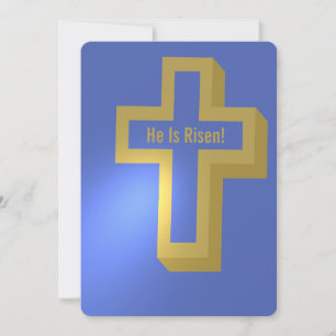  He is Risen Gold Lit Christian Cross Blue Easter Holiday Card