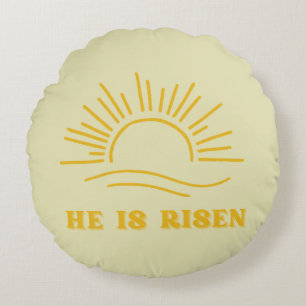 He Is Risen Gold Sunrise Christian Easter Throw Pi Round Pillow