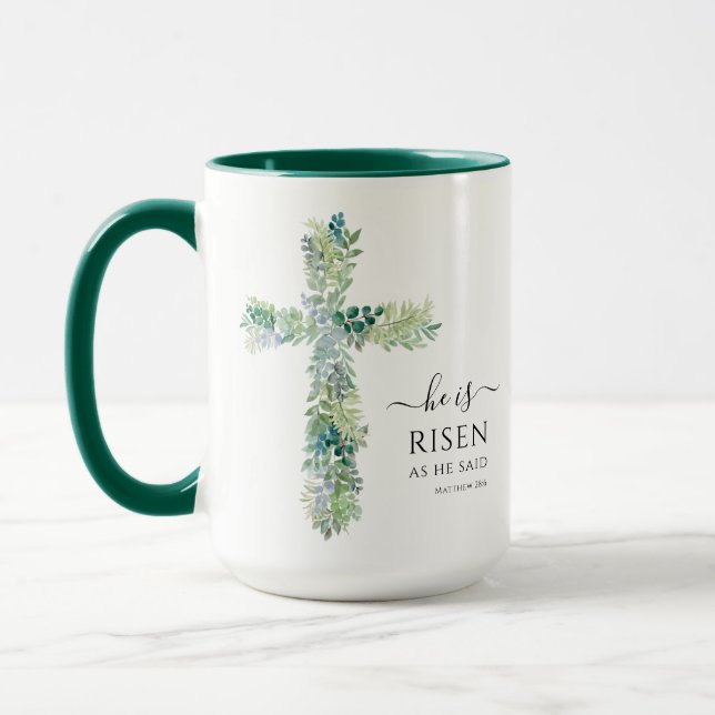 He is Risen Greenery Watercolor Cross Easter Mug (Left)